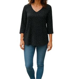 J. Jill Black White Polka Dot Rayon Blend Lightweight V-Neck Blouse Top Women L